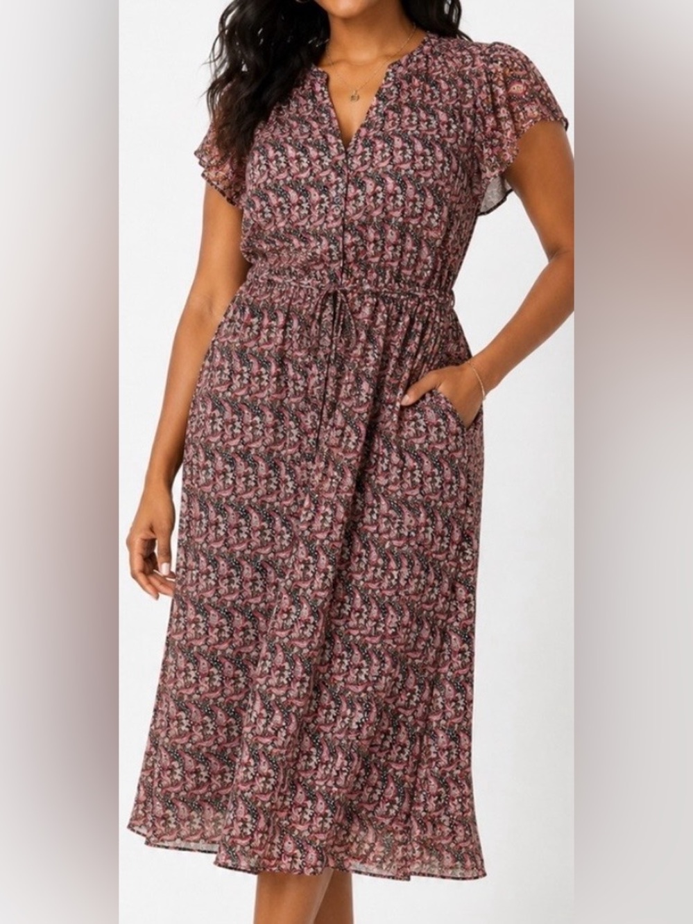 Banana Republic Paisley Flutter Sleeve Tie Waist Midi Dress Women’s Large